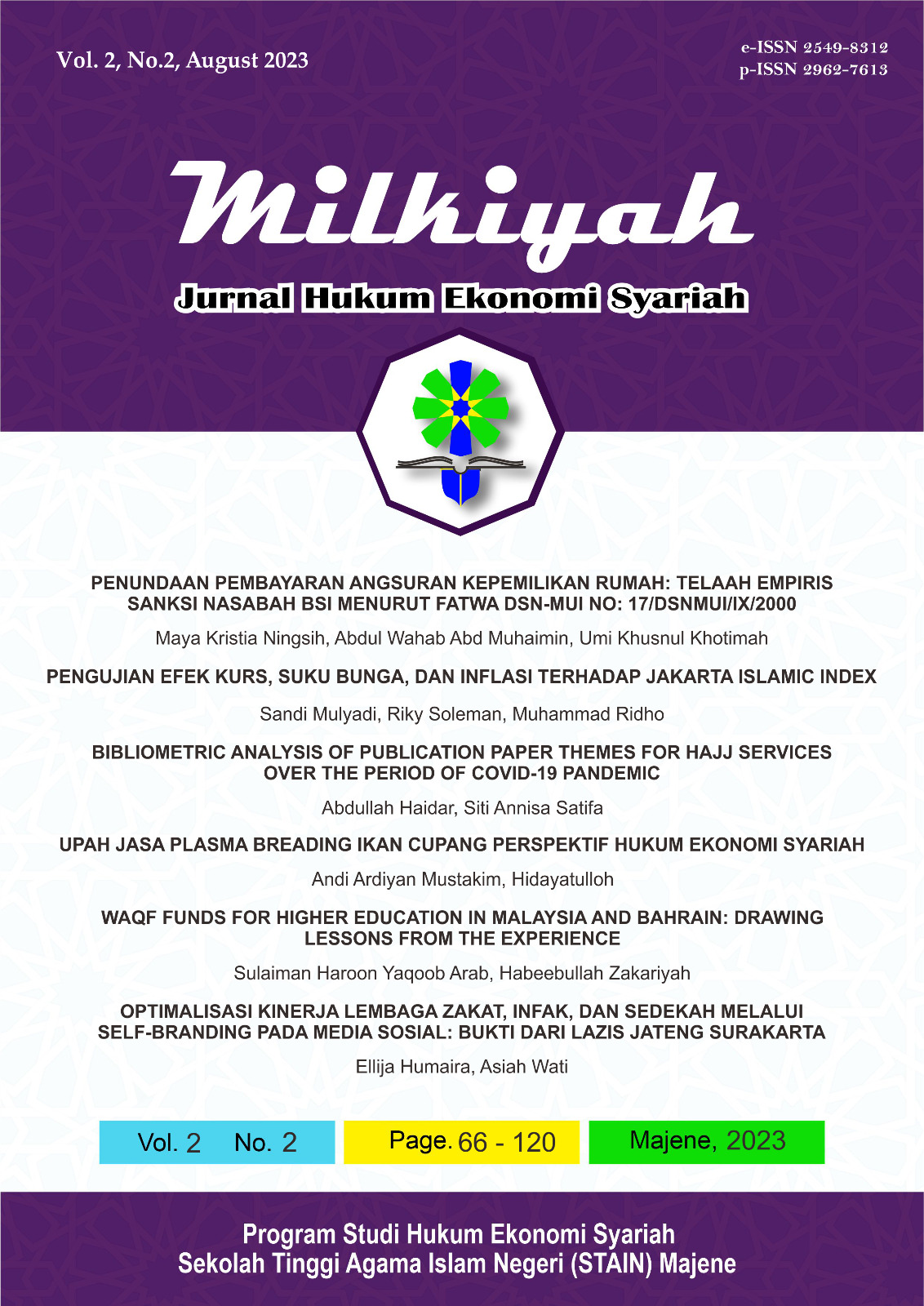 					View Vol. 2 No. 2 (2023): Milkiyah: Jurnal Hukum Ekonomi Syariah, August 2023
				