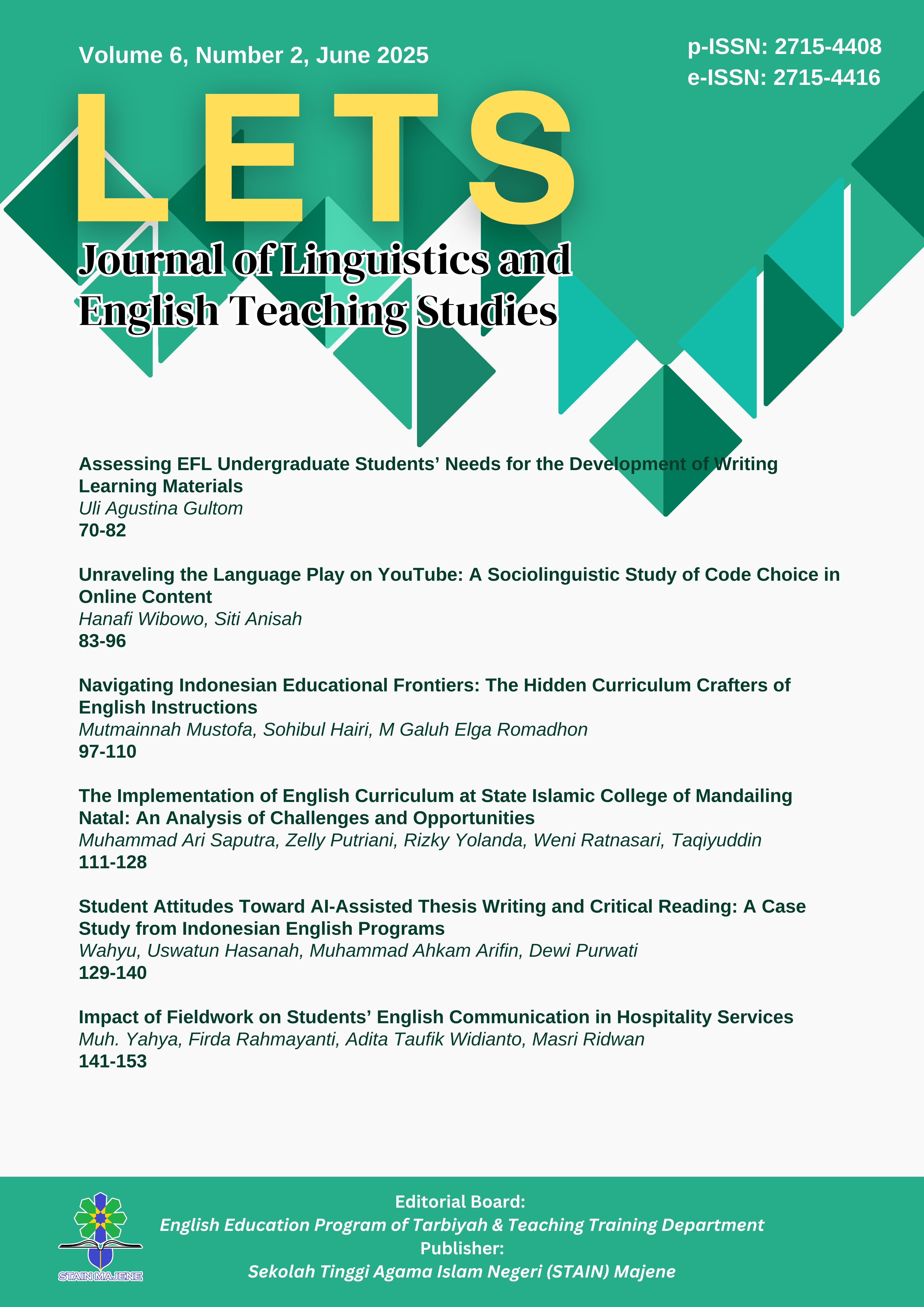 					View Vol. 6 No. 2 (2025): Vol. 6 No. 2 (2025): LETS: Journal of Linguistics and English Teaching Studies
				