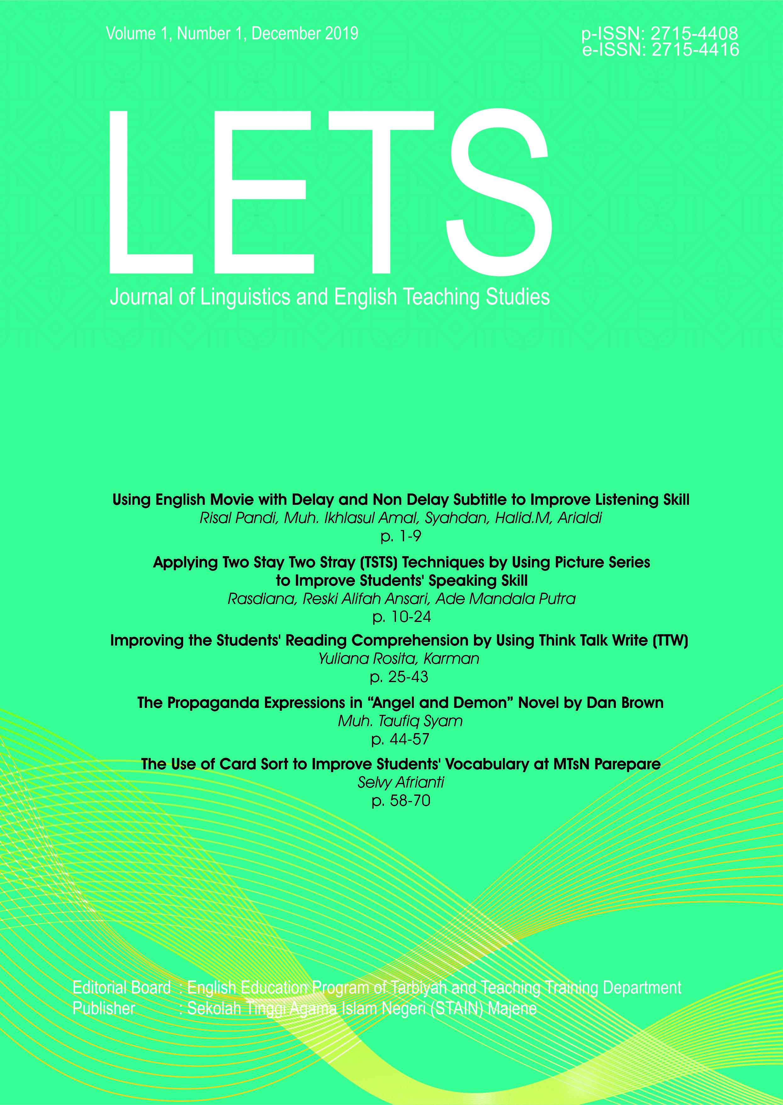 					View Vol. 1 No. 1 (2019): LETS: Journal of Linguistics and English Teaching Studies
				
